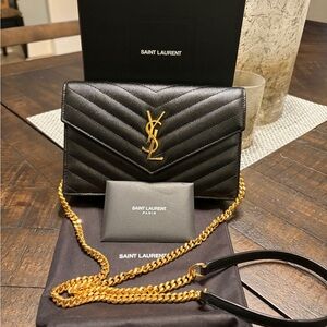 Saint Laurent Black Leather Crossbody with Gold Chain
